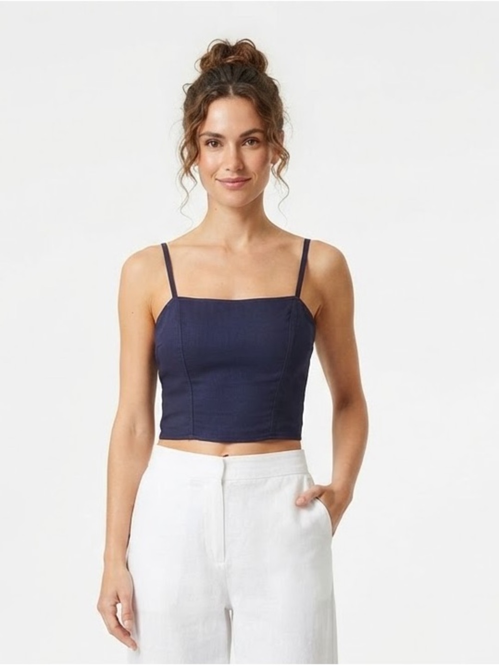 THE ODELLS Navy Crop Top Square Neck Smocked Back Size S contemporary boho